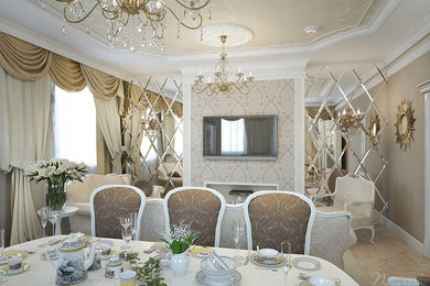 Großes, Abgetrenntes Klassisches Wohnzimmer ohne Kamin mit beiger Wandfarbe, Porzellan-Bodenfliesen und TV-Wand in Sonstige