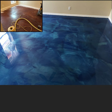 Pool house floor with blue metallic epoxy