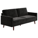 Atwater Living - Atwater Living Joyce Coil Futon, Black Velvet - Complete your living room decor with the elegant EveryRoom Joyce Coil Futon! Designed with a soft velvet upholstery, delicate track arms and slanted solid wood legs, the Joyce is a modern dream come true. Not only is it right on trend, but it is also the multi-functional piece you never knew you needed, but now can"t live without. The Joyce features a split back design that allows you to independently recline the backrests into multiple positions. With a simple push or pull, this futon converts from a sitting position to a lounging position and all the way to a sleeping position. Your overnight guests will be left feeling more than delighted thanks to the sofa beds cushion, which are made with independently encased coils to provide ultimate comfort and support. The Joyce Coil Futon is available in multiple colors.
