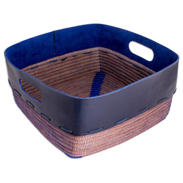 Novica Handmade Bold Blue Beauty Leather Accent Natural Fiber Basket