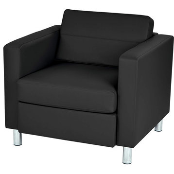 Contemporary Accent Chair, Silver Legs With Padded Faux Leather Seat, Black