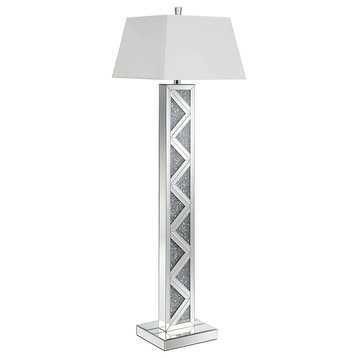 Contemporary Floor Lamp, Unique Geometric Base With Fabric Shade, Silver & White