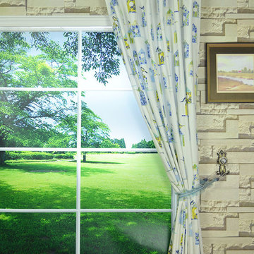 Birdhouses Back Tab Printed Cotton Curtain Cerulean Frost Color