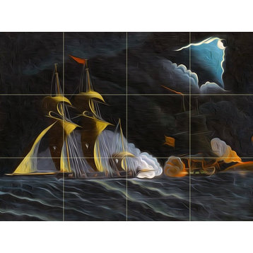 Tile Mural, Seascape With Pirate Ships Ceramic Matte