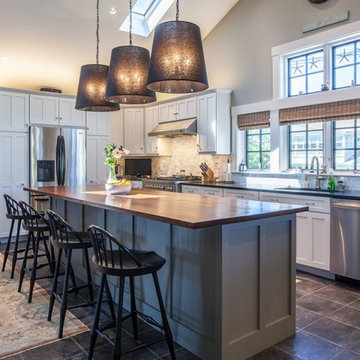 Coastal Kitchen with Large Wood Island and Pendant Lighting – Manchester MA