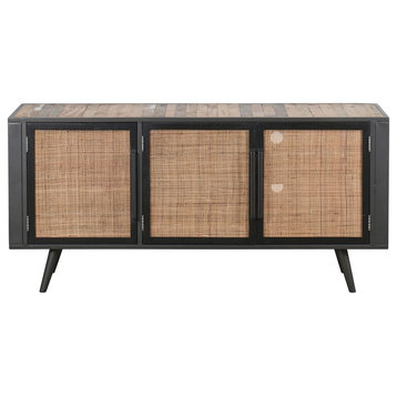 Rustic Black Natural and Rattan Media Cabinet With Three Doors