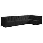 Meridian Furniture - Relax Velvet Upholstered 5-Piece L-Shaped Modular Sectional, Black - Bolster a contemporary vibe in your living room with this Relax black modular sectional. Soft black velvet upholstery offers delicate comfort, making this sectional cozy for anyone who sits in it. Biscuit tufting gives this sectional texture and a modern style, adding extra comfort and elegance to your living space. It's modular design allows you to create infinite configurations, making it a versatile piece to add to your home. A latch underneath the sectional makes it easy to attach to other pieces.