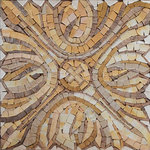 Mozaico - Floral Mosaic Square, Maaria, 13"x13" - Our Maaria floral mosaic square is ready to give your favorite spaces an updated look. With a simple cross-shaped center this geometric mosaic blossoms with tulips in a warm gold and brown palette. A great design for a marble tile floor each handcrafted square comes with a mesh backing for easy installation.
