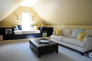 Large beach style gender-neutral carpeted kids' room photo in Indianapolis with yellow walls