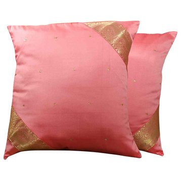 Pink- 2 Decorative handcrafted Sari Cushion Cover, Throw Pillow Case 16" X 16"
