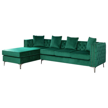 Ryan Green Velvet Reversible Sectional Sofa Chaise With Nail-Head Trim