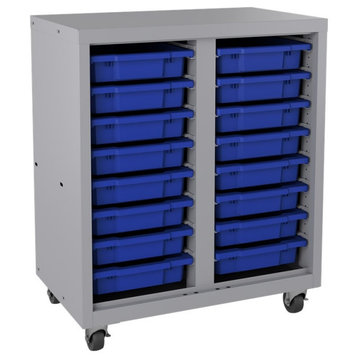 Mobile Metal Bin Storage Cabinet with 16 plastic tote bins Silver/Blue