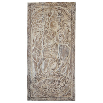 Consigned Vintage Whitewash Krishna Wall Art, Hand-carved Custom Barndoor Panel