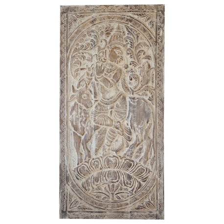 Consigned Vintage White Krishna Wall Art Hand-carved Wood Custom Barndoor