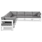 Meridian Furniture - Nizuc Water Resistant Patio L-Shaped Modular Sectional, Gray, 8-Piece: 5 Armless Chair, 3 Corner Chair, White Aluminum Frame - Pick and choose your favorites from the Nizuc collection to create a modular seating group the whole gang will enjoy. The sturdy aluminum frame provides dependable support for friends and family as they relax and unwind, and the resilient grey water resistant fabric stands up to the elements without losing its beautiful demeanor, so you can count on it lasting for the long haul. Latches beneath these seating pieces help you easily attach them to one another for convenient setup.