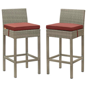 Contemporary Outdoor Patio Bar Stool Chair, Set of Two, Fabric Rattan, Dark Red