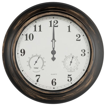 18" Indoor/Outdoor Wall Clock with Thermometer by Pure Garden, Distressed Black