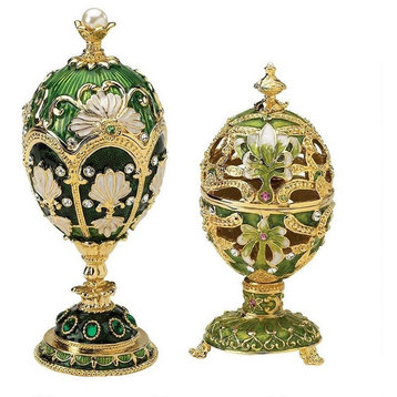 6.5" Russian Luxury Petroika Collection Faberge Style Enameled Eggs - Set of 2