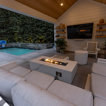 Modern Toronto Backyard | Custom Cabana, Pool, Outdoor Kitchen, Fire Pit & Deck