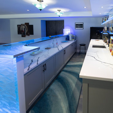 Glass private man bar and shelves with waterfall leg and led lights