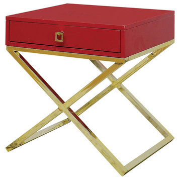 Two Tone Side Table, Gold Finished Metal Base With Storage Drawer, Red