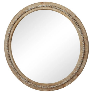 Bohemian Wall Mirror, Fir Frame & Beads Accent, Distressed Light Brown/36" X 36"