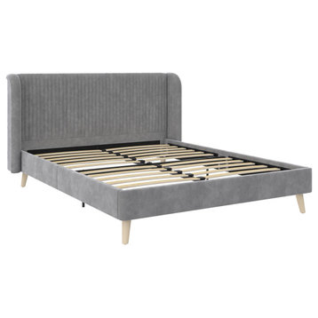 Bohemian Platform Bed, Ribbed Tufted Curved Wing Headboard, Light Gray, Queen