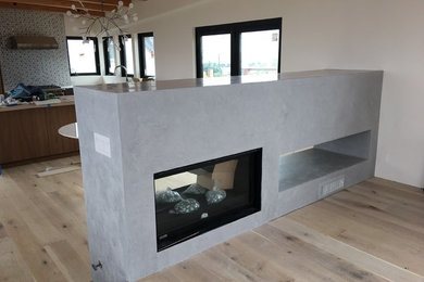 Design ideas for a contemporary living room in San Diego with grey walls and a two-sided fireplace.
