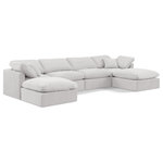 Meridian Furniture - Indulge Upholstered Modular U-Shaped Sectional, Cream, 6-Piece: 2 Armless Chair, 2 Corner Chair, 2 Ottoman, Down Stuffed Velvet - Experience ultimate comfort and style with our cream velvet Indulge Sectional. The luxurious velvet will elevate the aesthetic of any room. This sofa provides ample space for you to relax while its modular build offers the option of unlimited configurations. Whether you're looking to add a stylish element to your living room or a comfortable seating option to your bedroom, this sofa is the perfect choice.