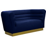 Meridian Furniture - Bellini Velvet Upholstered Loveseat, Navy - Add a bit of pizzazz to your living space with this Bellini Navy Velvet Loveseat from Meridian Furniture. Rich navy velvet upholstery offers you a luxurious place to curl up with a good book or rest in front of the TV after a long day, while horizontal channel tufting creates texture and style. Its gold stainless steel base provides solid support, while adding to the loveseat's contemporary appearance. Its uniquely curved shape makes this piece a perfect addition to any room in your modern home.