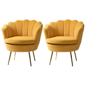 Velvet Accent Barrel Chair With Scalloped Seashell Edges Set of 2, Mustard