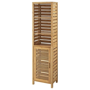 Pemberly Row Tall Bamboo Cabinet w/ 6-Shelf Tower & Door in Natural Brown