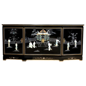 72" Chinese Black Lacquer Buffet With Mother of Pearl Lady Design