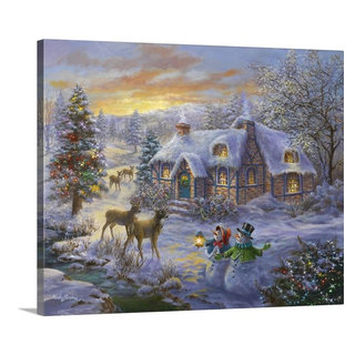 Christmas Cottage Wrapped Canvas Art Print - Rustic - Prints And