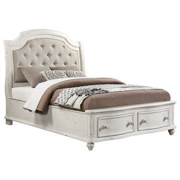 ACME Jaqueline Queen Bed , Gray Linen & Antique White Finish