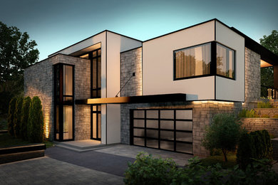 Example of a trendy two-story mixed siding flat roof design in Vancouver