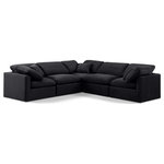 Meridian Furniture - Indulge Upholstered Modular L-Shaped Sectional, Black, 5-Piece: 2 Armless Chair, 3 Corner Chair, Down Stuffed Velvet - Experience ultimate comfort and style with our black velvet Indulge Sectional. The luxurious velvet will elevate the aesthetic of any room. This sofa provides ample space for you to relax while its modular build offers the option of unlimited configurations. Whether you're looking to add a stylish element to your living room or a comfortable seating option to your bedroom, this sofa is the perfect choice.