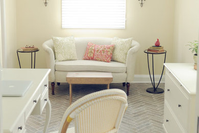 Example of a small transitional freestanding desk ceramic tile and gray floor home office design in Baltimore with yellow walls