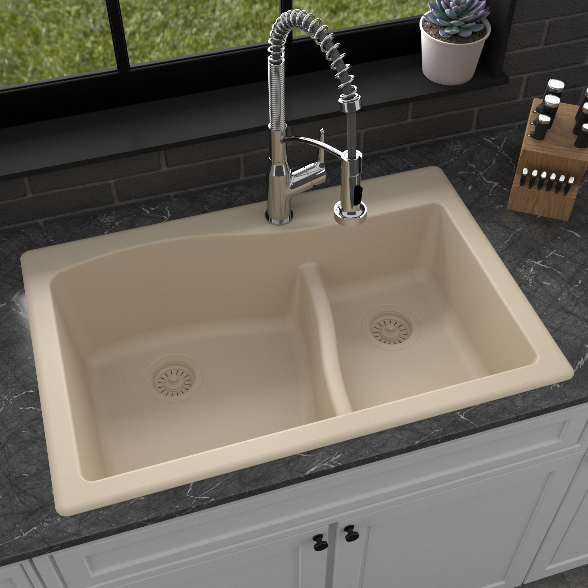 Karran Drop-In Quartz 33" 1-Hole 60/40 Double Bowl Kitchen Sink, Bisque
