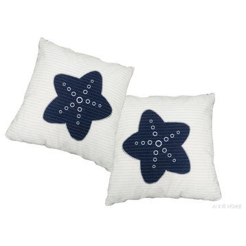 Anne Home, White Pillow, Blue Star, Set Of 2