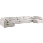 Meridian Furniture - Plush Velvet / Down Standard Comfort 7-Piece U-Shaped Modular Sectional, Cream - No matter how big or little the size of your gang, they can all find their sweet spot when you choose pieces from the Plush collection to build your ideal seating group. Choose this individual Plush piece or pair multiple pieces together to get the custom look everyone will love. The soft cream velvet material is soft and welcoming to the touch, and the set's cushions are overstuffed with a down and feather blend to provide ample support for tired bodies.
