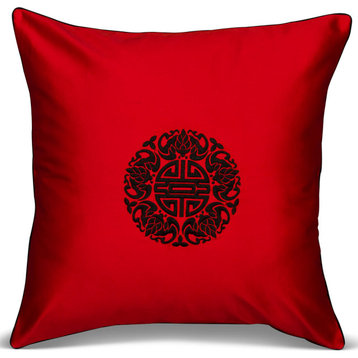 Red Pillow with Embroidered Black Chinese Longevity Motif