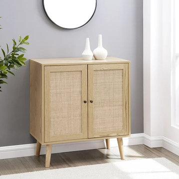 Contemporary Storage Cabinet, Pine Wood Frame & Rattan Accented Doors, Natural