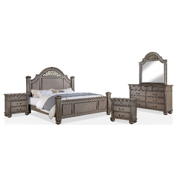 FOA Damos 5pc Gray Wood Bedroom Set - King+2 Nightstands+Dresser+Mirror