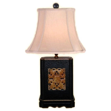 Chinese Black Lacquer Box Jade Inlay Table Lamp, Shade and Finial 22"