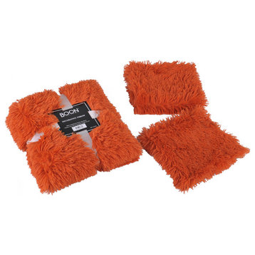 Shaggy Throw Blanket and 2 Pillow Shell 3 Piece Set, Burnt Orange, Throw 50"x60" and 2 Pillow Shells 20"x20"