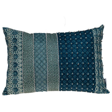 Blue and Aqua Beaded Embroidered Decorative Throw Pillow