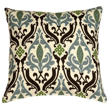 Tuscany Linen Damask Print Throw Pillow, Blue and Black, 18x18