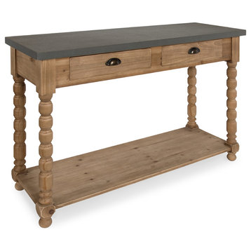 Rutledge Two Drawer Console Table, Rustic Wood and Concrete Gray Top