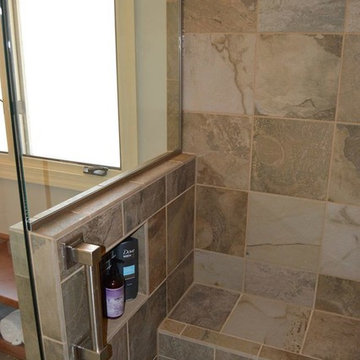 Bath Remodel with Cabinets in Maple Briarwood Stain and Silestone Lagoon Tops